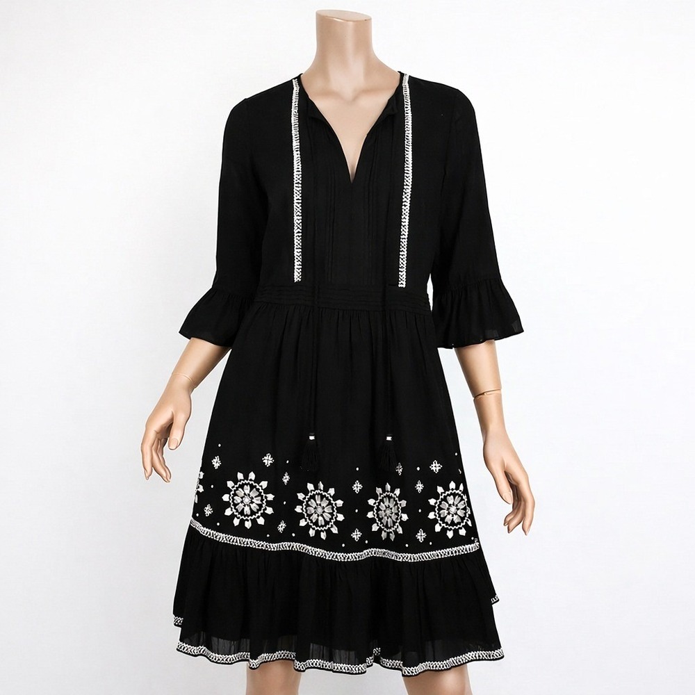Kate Spade Embroidered Boho Mini‎ Dress Women 6 Black Tassel Bell Sleeve Cotton